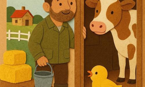 Mateo, hombre sonriente y sereno con barba de varios días, chaqueta verde oliva y botas de goma marrón, abre la puerta del establo con un cubo de agua; cerca corre un pollito amarillo de plumaje esponjoso piando; dentro del establo una vaca grande y mansa, manchada de blanco y marrón, lo mira con orejas caídas; granja soleada con suelo de tierra, pacas de heno, casa de piedra con tejado rojo, verja blanca y campo verde; mañana tranquila con luz dorada filtrando por la puerta y ambiente cálido y pacífico.