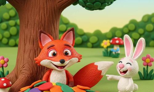 A glossy red fox with pointed ears and a bushy tail peeking from a pile of colorful leaves, its almond eyes mischievous, while a fluffy white rabbit with pink ears laughs and points at the tail beside a large oak in a sunny clearing with textured green grass, round flowers and spotted mushrooms, playful bright mood, saturated colors and soft shapes.