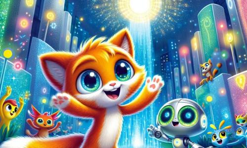 Fuffy, un giovane volpacchiotto dai peli arancioni e con grandi occhi brillanti, è al centro dell'immagine, mostrando un sorriso gioioso e determinato mentre tende la zampa verso una enorme Luce Gigante che brilla intensamente sopra di lui. Alla sua destra, Sparky, un piccolo robot argentato con occhi luminosi e un'espressione felice, si prepara a restituire energia alla luce, con le braccia sollevate con entusiasmo. A sinistra, Lalla, un robot giallo con ali colorate, canta gioiosamente, creando un'atmosfera festosa attorno a loro. Il decor è quello di LuciVerdi, una città futuristica con edifici scintillanti e forme organiche e colorate, dove fiori luminosi crescono sui marciapiedi e alberi tecnologici si ergono verso il cielo. La scena si svolge in un parco verdeggiante, pieno di colori vivaci, dove luci danzano nell'aria e melodie dolci fluttuano attorno. La situazione principale mostra Fuffy e i suoi amici uniti in un'avventura emozionante, pronti a ridare vita alla Luce Gigante, simbolo della loro amicizia e della magia della loro città.