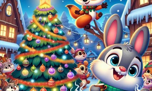Hopsi, ein kleiner grauer Hase mit großen Ohren und funkelnden Augen, springt begeistert um einen großen, festlich geschmückten Weihnachtsbaum. An seiner Seite lächelt Felix, ein schlauer, leuchtend orangefarbener Fuchs mit schelmischen Augen, während er eine dampfende Tasse Punsch hält. Im Hintergrund versammeln sich Dorftiere, wie eine weise Eule mit Brille und fröhliche Mäuse mit kleinen Hüten, um einen großen Tisch voller Weihnachtsleckereien. Der Ort ist ein charmantes, verschneites Dorf mit Holzhäusern und sanft fallenden Schneeflocken unter einem sternenklaren Himmel. Die Szene strahlt eine festliche und warme Atmosphäre aus, die den magischen Moment einfängt, in dem sich alle Freunde versammeln, um gemeinsam Weihnachten zu feiern.