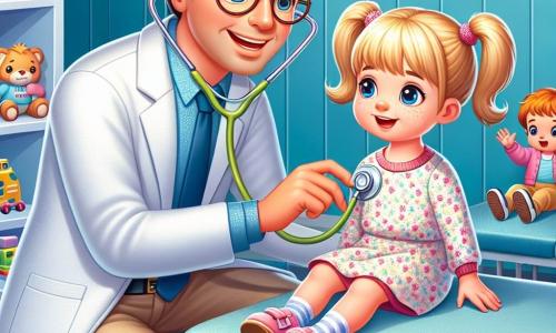 Un uomo, il dottor Luca, sorridente e caloroso, indossa un camice bianco impeccabile e ha uno stetoscopio appeso al collo. Ha capelli castani e occhiali rotondi che gli conferiscono un'aria simpatica. Sta ascoltando il cuore di un bambino di circa 7 anni, seduto sul tavolo dell'esame, con capelli biondi arruffati e uno sguardo preoccupato ma curioso. Nella sala d'attesa, una bambina di 5 anni, con due codini e un vestito a fiori, gioca con un giocattolo a forma di auto, osservando la scena con occhi meravigliati. La clinica è luminosa e accogliente, con pareti dipinte di blu pastello, poster di cartoni animati sulla salute e giocattoli colorati sparsi sul pavimento. Il dottor Luca rassicura il bambino sorridendo, mentre il rumore delle risate e dei giochi della bambina riempie l'aria, creando un'atmosfera gioiosa e confortante.