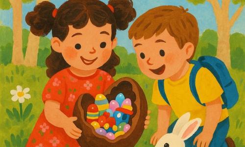 Bambina di 6 anni sorridente, capelli castani ricci in due codine, vestito a piccoli fiori, tiene delicatamente un grande uovo di Pasqua di cioccolato mezzo aperto; vicino a lei Tommaso, bambino di 6 anni, entusiasta, capelli corti castano chiaro, maglietta gialla e piccolo zainetto blu, si china a guardare l'interno dell'uovo; un coniglietto bianco dal pelo soffice e occhi neri salta sull'erba vicina; la scena in una radura primaverile con erba verde, margherite e ranuncoli, alberi a semicerchio; al centro un grande uovo decorato con nastri e brillantini, incrinato per rivelare giocattoli di legno colorati e caramelle pastello; luce soffusa, cielo azzurro pallido con lievi nuvole, ombre leggere, colori caldi e texture da gouache, composizione intima e centrata, sorrisi e gesti di condivisione, atmosfera di sorpresa gioiosa e dolce magia pasquale.