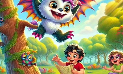 Pippolo, una piccola chimera con ali di pipistrello e una criniera di piume colorate, vola felicemente sopra un grande albero nel parco, con un grande sorriso sul volto e gli occhi brillanti di malizia. Accanto a lui, Luca, un giovane con i capelli castani in disordine e occhiali, guarda la mappa della caccia al tesoro con espressione di eccitazione e determinazione, in piedi su un ramo basso dell'albero. Giulia, una ragazza con capelli biondi e ricci, ride di gusto, seduta sull'erba circondata da fiori colorati, mentre Marco, un ragazzo muscoloso con una maglietta rossa, si prepara a arrampicarsi sull'albero, mostrando un'aria concentrata ed entusiasta. Il luogo è un parco soleggiato, pieno di alberi maestosi, fiori brillanti e un prato verde, con i raggi di sole che filtrano tra le foglie, creando un'atmosfera magica e gioiosa. La scena principale mostra Pippolo che sorvola i suoi amici, tutti intenti a prepararsi per la loro grande caccia al tesoro, pieni di energia e risate, pronti a vivere un'avventura indimenticabile insieme.
