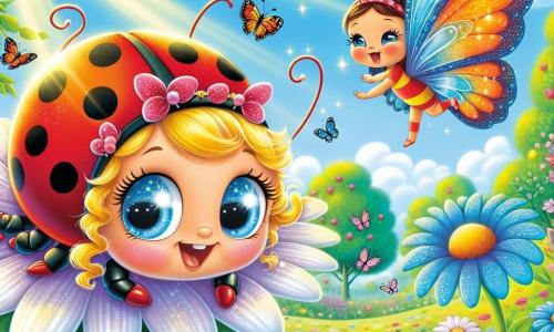 Una piccola coccinella di nome Lilli, con un corpo rosso vivace punteggiato di piccoli punti neri, vola felicemente sopra un campo di margherite colorate, con gli occhi scintillanti di curiosità ed eccitazione. Sorride ampiamente, le sue ali traslucide brillano sotto il sole. Accanto a lei, una farfalla colorata di nome Tania, con ali dai toni vivaci di blu e arancione, danza nell'aria, incoraggiando Lilli con uno sguardo amichevole. Il paesaggio è un giardino incantevole, pieno di fiori brillanti, alberi maestosi e un cielo azzurro punteggiato di nuvole soffici. I raggi di sole illuminano la scena, creando un'atmosfera magica e gioiosa. La situazione principale mostra Lilli e Tania mentre pianificano una grande festa per tutti gli animali del giardino, circondate da fiori cantanti e amici pronti a celebrare, con risate e felicità nell'aria.