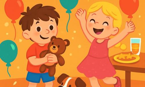 There are 3 characters: Max, a 6-year-old boy with messy brown hair, wearing a red t-shirt and blue shorts, standing with a big smile while holding his teddy bear; Lily, a 6-year-old girl with braided blonde hair, wearing a sparkling pink dress and shiny shoes, jumping with excitement next to Max; and Dotty, a small brown and white puppy, running around the children with its tail wagging, ready to play. The setting is a party room decorated with colorful garlands and bright balloons, with a large table filled with delicious snacks like star-shaped cookies and fizzy fruit juices. Twinkling lights shine from the ceiling, creating a joyful and festive atmosphere. The main scene shows Max and Lily, surrounded by decorations, preparing a fun dance for the New Year's party while Dotty watches them curiously, ready to join in their adventures.
