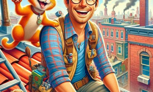 A man in his thirties with messy brown hair and round glasses sits on a red-tiled roof, an excited smile on his face. He wears a checkered shirt and an explorer's vest filled with pockets. Next to him, an orange cat named Ziggy with sparkling eyes plays with a small stuffed mouse, his agile paws moving joyfully. Below, a ten-year-old boy named Viktor, with messy blond hair and a blue t-shirt, watches Maxwell mischievously, ready to go treasure hunting. He stands by a fire escape ladder, prepared to climb. The setting is a roof overlooking the city of Brightstone, with colorful buildings, smoking chimneys, and a blue sky dotted with fluffy white clouds. Wildflowers grow between the tiles, adding a splash of bright color. The main scene shows Maxwell unfolding an old map, his eyes shining with anticipation, while Ziggy curiously looks around, and Viktor gets ready to descend for his own adventure.
