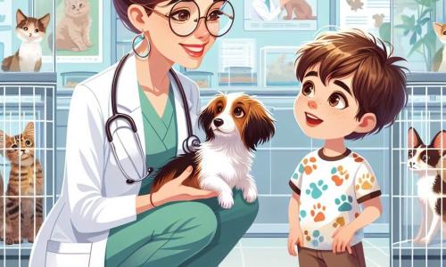 O veterinară, o femeie de aproximativ treize ani, zâmbitoare și plină de bunătate, poartă un halat alb și ochelari rotunzi. Are părul castaniu prins în coc și ține un stetoscop în mâini, privindu-l cu afecțiune pe un cățel aflat în fața ei. Lângă ea, un băiat de 8 ani, numit Mihai, cu părul brunet în dezordine și îmbrăcat cu un tricou colorat cu modele de animale, observă cu uimire. Este așezat în genunchi, cu mâinile pe genunchi, și se uită la cățel cu ochii strălucind de curiozitate. Scena se desfășoară într-o clinică veterinară luminoasă, plină de postere educaționale despre îngrijirea animalelor, cu cuști transparente care conțin animale drăguțe în fundal, cum ar fi pisicuțe și iepurași. Situația principală arată veterinară explicând copiilor importanța îngrijirii animalelor, în timp ce Mihai ascultă cu atenție, pregătit să învețe și să devină un viitor veterinar.