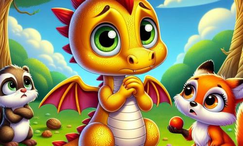 A small dragon named Sunny, with shiny yellow scales and sparkling curious eyes, stands in the center, looking worried yet determined, holding a smooth branch in its little paws. To his right, Poppy, a squirrel with bright red fur, looks at Sunny with understanding eyes, her tiny paws crossed over her chest. To his left, Pip, a fox with bright orange fur and a bushy tail, displays a supportive expression, ready to listen to his friend. The setting is a lush green park, featuring a majestic oak tree with lush leaves, colorful flowers dancing in the breeze, and a blue sky dotted with fluffy white clouds. On the ground, a group of young animals, clearly in disagreement, argues over a ball, their faces showing frustration and confusion. Sunny, Poppy, and Pip approach to help resolve the conflict, embodying the spirit of listening and peace amid the tension.