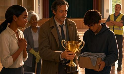 A kindly but weathered detective in a slightly wrinkled gray suit and brown overcoat holds a shining golden trophy and walks toward a varnished wooden table; to his left stands Lina, ~28, dark hair tied, pale blouse, tense then relieved, hands clasped; to his right Tyler, ~18, hoodie, messy brown hair, ashamed, head down, holding a small box wrapped in gray fabric; behind Lina an elderly Mrs. Calder, ~70, housekeeping gloves and gray cardigan, white hair in a bun, watching with surprise and gentleness; in the background Mr. Dobbs, ~60, fluorescent vest and gray moustache, arms crossed, leaning against a wall, half stern half relieved. The scene is a community center hall lit by string lights, polished floor, an empty trophy case behind the table, colorful “Spring Fair” banners and a wooden stage; the key moment is the trophy’s return under warm light, tension dissipating, composition centered on the detective and trophy.
