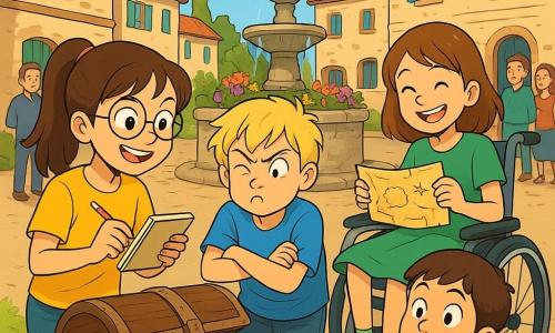 There are 4 children: - Maya: A 10-year-old girl with brown hair in a ponytail, wearing round glasses and a bright yellow t-shirt. She holds a notebook and a pencil, displaying a determined smile. - Theo: A 10-year-old boy with messy blonde hair and a blue t-shirt. He is making a funny face, standing next to Maya with his arms crossed. - Lina: A 10-year-old girl with brown hair in a beautiful green dress, sitting in a wheelchair. She is joyfully smiling, holding a treasure map in her hands. - Ben: A 10-year-old boy with brown hair and a red t-shirt, crouched near an old wooden chest, his eyes wide with surprise. The setting takes place in a small village square surrounded by old stone houses with colorful shutters. In the center, a stone fountain pours clear water, with vibrant flowers around. The sky is blue with a few white clouds, and curious passersby are watching the children. The main situation shows the children discovering an old wooden chest buried in the ground, filled with shiny coins and an ancient journal inside. They are surrounded by an atmosphere of excitement and mystery, their faces lit up by the discovery of hidden treasure.
