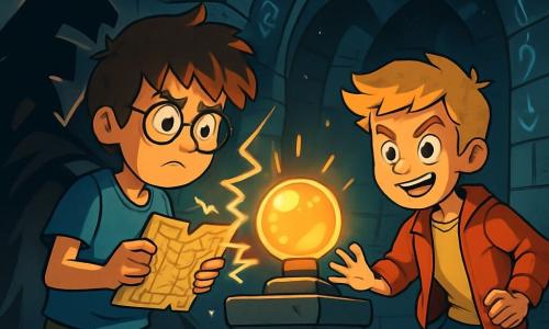 There are two main characters: Max, a 12-year-old boy with messy brown hair and round glasses, wearing a blue t-shirt and cargo pants, holding a magical map with a focused expression; and Leo, also 12, with blonde hair and sparkling eyes, dressed in a red jacket and jeans, standing next to Max, ready to help with a bold smile. The main setting of the story is an ancient ruin hidden beneath the city of Neo-London, with walls adorned with glowing runes and a vaulted ceiling revealing twinkling stars. In the center, a stone pedestal holds the Orb of Illumination, pulsing with golden light, creating a magical atmosphere. The main situation shows Max and Leo facing a mysterious thief in the ruin, who is shrouded in shadows and trying to escape with the Orb, while Max uses his magical map to counter the thief's illusions, and Leo prepares to catch the Orb, determined and brave. The atmosphere is tense, filled with magic and adventure, with bursts of light and dancing shadows around them.