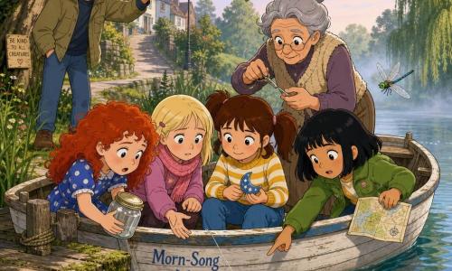 Six characters: Lily, 7, brown hair in pigtails, yellow striped sweater and jeans, seated center in a small wooden rowboat holding a painted moon pebble; Noor, 7, tan skin, chin-length black hair, green jacket, leaning starboard watching a dragonfly and holding a small paper map; Poppy, 7, curly red hair, blue polka-dot dress, holding a glass jar and leaning port to free a duckling caught in a line; Mae, 7, pale blonde with a pink knit scarf, seated near Lily with hands ready to help and a worried focused look; an elderly woman (~70) with grey hair in a bun and a beige wool vest kneeling or standing aft in the boat with a small pair of scissors poised to cut the line; and Lily’s father (~38) with light beard and khaki jacket standing on the shore under a large oak, hand raised encouragement, protective gaze. Setting: a small calm lake beside a sloping street lined with willows and tall grasses, a worn mossy wooden quay, green-blue reflections, a pastel misty morning sky, and the whitewashed wooden boat named Morn-Song. Main scene: a gentle collective rescue—four girls in the boat cooperating with the elderly woman to free a duckling tangled in a fishing line near the quay while the father encourages from shore; clear gestures, caring expressions, sparkling water droplets and the duckling’s feather.