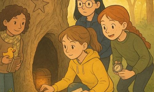 Four 12-year-old girls discover the hollow of an old oak on a wooded knoll by a quarry path: Mina (light brown ponytail, bright yellow sweatshirt, slightly dirty knees) crouches front left, holding a crumpled map and tapping the wood; Tessa (straight black hair, round glasses, navy jacket, thin gloves) stands just behind Mina with a flashlight on the trunk; Rory (red braided hair, freckles, khaki sweater, small compass) leans in at right, eyes wide with excitement; Callie (curly brown hair, patterned scarf) stands slightly back left, smiling and holding a notebook and a rubber chicken. The rough, deeply grooved bark shows a worn star at chest height, moss at the roots, ferns and mossy stones on the sunlit clearing; they knock in cadence at the star-marked opening, revealing a soft glow inside and a small rusted iron box among damp leaves—warm, slightly magical but realistic suspense. Visual style: soft pastel palette with yellow and green accents, clear rounded comic linework, detailed textures of bark and fabric, readable expressions, strong contrast between golden exterior light and the trunk’s shaded interior, composition centered on the oak opening with the girls in a semicircle.