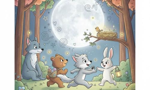 A child werewolf named Wally with a round face and slightly sparkly silver fur, big curious eyes and a gentle, amazed expression, tiptoeing joyfully with ears up and a bushy tail lit by the moon; Luna, a small white bunny with long pink ears and a sweet smile, holds a paper lantern and hops just ahead to his right; Benny, a chubby young brown bear with soft fur, smiles looking back and carries a backpack of shiny stones behind Wally to the left; Wren, a tall adult blue-gray werewolf with a protective gaze, sits calmly in shadow watching the others; they are in a forest clearing under a bright full moon with smooth-trunked trees, colorful leaves, floating yellow fireflies, detailed grass, simple flowers and a few sparkling stones; they are helping a lost little bird near a glowing nest on a low branch; soft nighttime pastel colors contrasted by silver moonlight, cozy reassuring scene in a childlike style with soft outlines and doodle overlays (small hearts, stars, arrows).