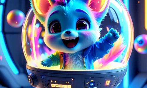 Zippy, ein kleiner Zorblitz mit langen, leuchtenden Ohren und einem bunten, regenbogenfarbenen Fell, springt fröhlich in einer futuristischen Kapsel. Sein Gesicht drückt große Aufregung und Neugier aus, seine Augen funkeln vor Freude. Neben ihm schwirrt Puffs, eine kleine fliegende Kugel mit großen runden Augen und einem strahlenden Lächeln, um Zippy herum und ermutigt ihn begeistert. Puffs ist leuchtend blau und hinterlässt eine Spur aus funkelndem Licht. Die Szene spielt im Wissenszentrum, einem lebhaften und bunten Ort, der mit leuchtenden Hologrammen und futuristischen Maschinen gefüllt ist. Die Wände sind mit interaktiven Tafeln bedeckt, die in allen Farben leuchten, und im Hintergrund spielen Kinder mit Robotern. Die Hauptsituation zeigt Zippy, der bereit ist, den großen roten Knopf der Kapsel zu drücken, während Puffs ihn ermutigt, die Wunder dieses neuen Abenteuers zu erkunden und eine Atmosphäre von Aufregung und Entdeckung zu schaffen.