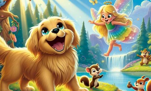 Um cachorro alegre chamado Bruno, com um pelo dourado brilhante e olhos cintilantes de curiosidade, está à beira de um lago mágico, olhando para seus amigos com um grande sorriso. Ao seu lado, uma pequena fada chamada Lila, com asas brilhantes nas cores do arco-íris, voa alegremente ao seu redor, com os cabelos longos flutuando ao vento. Um esquilo travesso chamado Tico, com pelagem marrom e uma pequena noz nas patas, sobe em um galho de árvore, observando a cena com um ar entusiasmado. O local é uma floresta encantada, cheia de árvores majestosas e flores coloridas que dançam com a brisa leve, enquanto raios de sol penetram pela folhagem, iluminando a paisagem. A cena principal mostra Bruno, Lila e Tico celebrando o retorno da água no lago, cercados de risos e alegria, enquanto pássaros cantam e borboletas voam ao redor, criando uma atmosfera mágica e festiva.