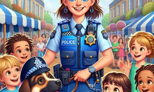 In het midden van de afbeelding staat agent Anne, een glimlachende vrouw van ongeveer dertig jaar, in een felblauw politieuniform met een glanzende badge. Haar kastanjebruine haar is in een paardenstaart, en ze heeft sprankelende ogen van vreugde. Ze laat een politiehond, Max, zien aan een groep verwonderde kinderen en moedigt hen aan om vragen te stellen. Onder de kinderen is Tim, een 8-jarig jongetje met een bril en rommelig bruin haar, die zijn hand opsteekt met een grote glimlach, nieuwsgierig naar het werk van agent Anne. Naast hem kijkt Lisa, een 7-jarig meisje met vlechten en een kleurrijke jurk, met verwonderde ogen naar Max, gefascineerd door de hond. De scène speelt zich af op een druk plein, versierd met kleurrijke ballonnen en feestelijke slingers, met een houten podium waar agent Anne trots staat. Op de achtergrond applaudisseren ouders en andere kinderen, wat een vrolijke en feestelijke sfeer creëert. De hoofdactie toont agent Anne die haar politiewerk uitlegt aan de kinderen, terwijl ze Max, de politiehond, in de schijnwerpers zet, die leuke trucjes uitvoert en de aandacht van de jonge toeschouwers vasthoudt.