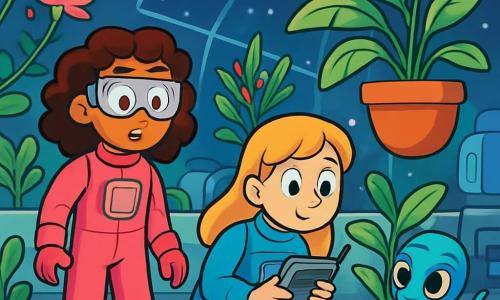 Hay 3 personajes: - Marina: una niña de 12 años, con cabello rizado y castaño, vestida con un traje espacial rosa y gafas de protección. Está de pie, con los ojos muy abiertos, mirando con curiosidad al pequeño extraterrestre. - Lucía: una niña de 12 años, con cabello liso y rubio, vestida con un traje espacial azul. Está agachada junto a Marina, sosteniendo un traductor portátil en sus manos, lista para ayudar a Zilo. - Zilo: un pequeño extraterrestre, de aproximadamente 1 metro de altura, con piel azul iridiscente que cambia de color, grandes ojos redondos y tentáculos flexibles. Se esconde detrás de una maceta flotante, mirando tímidamente a las dos chicas. El lugar se encuentra en el invernadero de la Estación Espacial Aurora, un espacio luminoso y futurista lleno de plantas exóticas flotando en ingravidez. Las paredes de vidrio transparente dejan pasar la luz de las estrellas, y máquinas brillantes zumban suavemente a su alrededor, creando una atmósfera mágica e intrigante. La situación principal muestra a Marina y Lucía descubriendo a Zilo, el pequeño extraterrestre, escondido detrás de una planta. Las chicas están asombradas y un poco sorprendidas, mientras que Zilo, asustado, intenta volverse invisible. Los colores vivos de los trajes espaciales contrastan con el azul brillante de Zilo, creando una escena llena de curiosidad y aventura.