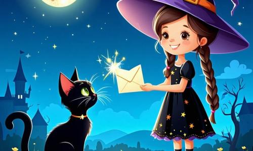 Ina, 10 ani, zâmbitoare, păr șaten deschis împletit, poartă o pălărie de vrăjitoare mov și o rochie neagră cu stele portocalii, ține o invitație strălucitoare la lumina lunii și întinde mâna spre pisica Norișor, neagră cu ochi verzi și coadă în S; Lili, 10 ani, cu păr roșcat buclat, râde și arată un carton în formă de dovleac, stând la dreapta; Alex, băiat de ~10 ani cu păr brun scurt, ține o invitație luminată în spate stânga; învățătoarea, femeie de 30–40 ani cu păr grizonat prins în coc, zâmbește lângă intrarea școlii decorate; curtea școlii noaptea cu pavaj, ghirlande portocalii și violete, dovleci luminați, frunze de toamnă, copaci negri stilizați și o lună rotundă pe cer albastru închis — scenă veselă de împărțire a invitațiilor de Halloween, atmosferă caldă și magică, stil plat, contururi moi și culori vii.