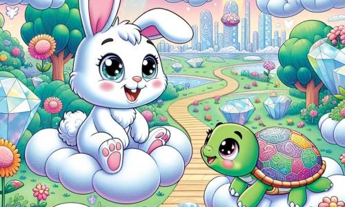 A little bunny named Benny, with white fur and large pink ears, joyfully hops along a path of fluffy clouds, his eyes shining with curiosity and excitement. Beside him, Tilly the turtle, with a green shell adorned with colorful patterns, smiles kindly, her little legs moving as she encourages him to explore. 

The setting is Furrtopia, a futuristic city with buildings sparkling like diamonds, cloud roads, and trees with rainbow-colored leaves floating in the air. Colorful hovercarriages fly around them, illuminating the sky with a soft light. 

The scene shows Benny and Tilly discovering the Floating Gardens, surrounded by talking and singing floating flowers, as they plant seeds together, filled with joy and wonder.