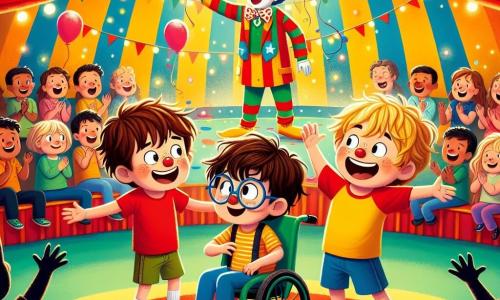 Three cheerful friends stand at the center of a colorful circus scene. Max, an 8-year-old boy with messy brown hair and a red t-shirt, makes funny faces to make everyone laugh. To his right, Leo, a 7-year-old boy with blonde hair and round glasses, dances like a little bird with his arms in the air. On the left, Ben, a 9-year-old boy in a blue wheelchair, smiles widely while holding a colorful clown hat in his hands. 

Their environment is a large red and yellow striped circus tent filled with sparkling lights and colorful balloons floating in the air. In the background, amazed spectators applaud and laugh, while a funny clown, Bobo, stands on stage juggling colorful balls. 

The main situation shows the three friends coming together to help Bobo find his lost hat, creating an atmosphere of joy and camaraderie, full of laughter and energy.