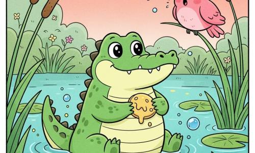 A chubby bright-green crocodile with big shiny eyes and small rounded teeth gives a joyful grin while wagging its tail in the water, holding a small yellow-banana muddy pancake in its paws and looking curious; a plump pink bird perches on a tall reed watching in surprise and making soft “honk... boing” motion sounds; highly textured green reeds and round lily pads float nearby with a few blue bubbles and yellow light spots on turquoise shimmering water; the marsh is soft and colorful — waving grasses, pastel salmon sky and small wildflowers; main scene: the crocodile discovers its mud-pancake with a funny, bright, calm mood, centered composition, simple manga-style lines, saturated colors, clean outlines and exaggerated toddler-friendly expressions.