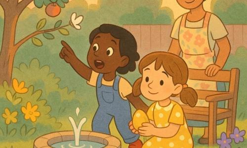 Hay 3 personajes: Clara, niña de 7 años, cabello castaño en coletas, vestido amarillo con lunares blancos, arrodillada junto a una pequeña fuente de piedra sosteniendo cuidadosamente un huevo de Pascua dorado; Vega, niña de 7 años, cabello corto negro, peto azul y zapatos rojos, inclinada a la izquierda de Clara con la boca abierta de asombro señalando una pequeña marioneta de cesta o una mariposa blanca posada en una rama; la madre, mujer de unos 35 años, cabello recogido en moño, delantal con flores, de pie detrás de las niñas a la derecha, sonriendo con la mano sobre el respaldo de un banco de madera. Lugar: jardín doméstico al crepúsculo, césped verde, macizo de flores amarillas y violetas, pequeña fuente redonda de piedra con agua que corre, un manzano al fondo con una rama baja y una pequeña cesta de mimbre atada con cinta verde, camino de losas, luz cálida y sombras suaves. Situación principal: las niñas encuentran un huevo dorado escondido junto a la fuente; lo abren para leer una nota y sus rostros se iluminan de asombro; la madre las observa con orgullo; ambiente tranquilo y alegre, colores pastel, textura de lápiz y acuarela, trazos redondeados y expresiones claras.