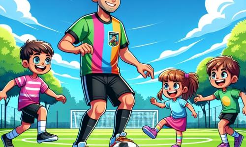 El personaje principal, Miguel, es un joven de unos 25 años, con cabello castaño y ojos llenos de determinación. Lleva una camiseta de fútbol de colores vivos de su equipo, los Halcones de Valverde, y un pantalón corto negro. Su rostro expresa una alegría contagiosa mientras sonríe, rodeado de niños, mostrándoles cómo driblar un balón de fútbol. Entre los personajes secundarios, Carlos, su amigo y compañero de equipo, tiene unos 26 años, cabello corto y una barba ligera. Está al lado de Miguel, riendo y animando a los niños a probar sus nuevos movimientos. Ana, una niña de 8 años, tiene el cabello largo y castaño y ojos brillantes de emoción. Salta en su lugar, ansiosa por mostrarle a Miguel su propio tiro a puerta. La escena se desarrolla en un campo de fútbol verde, bajo un cielo azul con nubes blancas. Las líneas blancas del campo están bien marcadas, y árboles bordean el área, añadiendo un toque de naturaleza. Los niños corren, riendo y jugando, creando una atmósfera alegre y dinámica. La situación principal muestra a Miguel enseñando a los niños cómo pasar y driblar el balón, con sonrisas y risas, ilustrando el espíritu de equipo y la pasión por el fútbol.