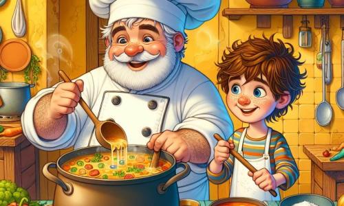Chef Victor este un bărbat jovial de aproximativ 40 de ani, cu o bonetă albă mare pe cap și un zâmbet cald. Poartă un sort colorat, plin de pete de toate culorile, și amestecă o oală mare plină cu supă, degajând o aromă delicioasă. Lângă el, Luca, un băiat de 10 ani, are părul castaniu în dezordine și obrajii roșii de bucurie. Ține o lingură de lemn, pregătit să-l ajute pe Chef Victor, cu stropi de făină pe nas, ceea ce îl face și mai amuzant. Scena se desfășoară într-o bucătărie animată, plină de oale de cupru strălucitoare, legume proaspete colorate pe blatul de lucru și pereți vopsiți în galben aprins, creând o atmosferă caldă și primitoare. Situația principală arată cum Chef Victor și Luca pregătesc împreună o supă magică, înconjurați de aroma ingredientelor proaspete, râzând și împărtășind secrete de gătit, ilustrând bucuria de a găti împreună.