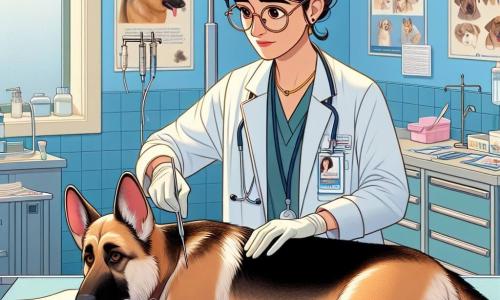 La escena muestra a la doctora Lucía Fernández, una mujer de unos treinta años, con cabello castaño recogido en un moño y gafas redondas. Tiene una mirada concentrada y benevolente, viste una bata blanca y guantes de látex, inclinada sobre un perro de raza pastor alemán, Max, que está acostado en una mesa de operación. A su lado está Marta, una joven de unos 25 años, con cabello rubio y trenzas, que prepara instrumentos quirúrgicos. Muestra una expresión de preocupación mezclada con esperanza, observando atentamente a Lucía. La escena se desarrolla en una sala de operaciones luminosa, con paredes pintadas de azul claro, equipos médicos modernos y carteles educativos sobre el cuidado de los animales en las paredes. Lucía realiza una operación delicada en Max, mientras Marta la asiste, creando una atmósfera de tensión y determinación, pero también de compasión y solidaridad.