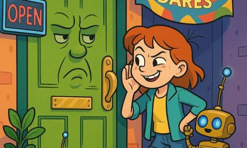 A mischievous, determined 10-year-old girl with bright eyes and freckles, wearing a yellow T-shirt, cyan jacket and cropped jeans, smiles slyly with one hand on her hip as she whispers dramatically in front of a rebellious lime-green talking door with a banana-shaped handle and a sulking carved face; a small polished-brass Guide-Bot 3000 on red roller skates with blue LED eyes waves an antenna beside her; the museum porch is colorful with neon signs, a creaky red welcome mat, a multicolored MUSEUM OF IMPOSSIBLE DARES banner and a painted-eyed flowerpot — she whispers a playful trick to open the door while the robot watches, the scene is dynamic, colorful and full of playful energy.