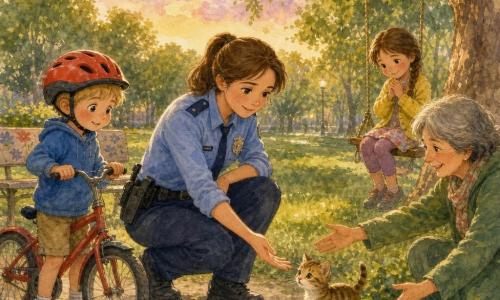 Policewoman Lily, smiling and reassuring with chestnut hair in a ponytail and a light-blue uniform with a shiny badge, crouches and gently reaches for a hesitant ginger-and-white tabby kitten emerging from green bushes; to her left Timmy, about 6, short blond hair and a red bike helmet, stands holding his handlebars and looking amazed; to her right Emily, about 7, with brown hair in a braid, sits on a swing with hands clasped and a shy smile, wearing a yellow sweater; Mrs. Green, an adult with short gray hair and a green coat, kneels behind Lily reaching to reclaim the kitten, all in a park with a bright green lawn, leafy trees, a painted flowered wooden bench and a soft lavender evening sky, centered composition, golden light, watercolor tones, slightly blurred outlines.