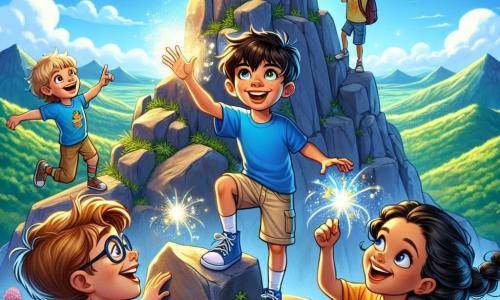 An 8-year-old boy named Oliver, with messy brown hair, curious bright eyes, and an amazed smile, stands at the top of a mountain. He wears a blue t-shirt and beige shorts, stretching his arms towards the sky as if trying to catch sparkling dreams floating around him. Beside him is a group of three children, two boys and a girl, all about 8 years old. One boy, with blonde hair and glasses, laughs joyfully while pointing at a glowing dream. The other boy, with brown hair and sparkling eyes, jumps with excitement. The girl, with black braids and a radiant smile, holds a dream in her hands, awed by its beauty. The setting is a majestic mountain peak, with steep rocks and colorful flowers growing between the stones. The sky is bright blue, dotted with fluffy clouds, and in the distance, green valleys stretch as far as the eye can see. The main scene shows Oliver and his friends at the mountain top, surrounded by floating luminous dreams, capturing the essence of adventure and wonder, ready to embrace the infinite possibilities ahead.