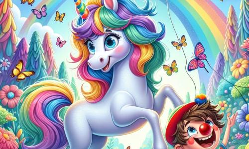 En un claro de bosque encantado, una unicornio llamada Lila se encuentra en el centro, con un pelaje brillante de colores pastel y un cuerno en forma de arcoíris que brilla bajo el sol. Sonríe ampliamente, con los ojos llenos de alegría, mientras intenta atrapar mariposas que vuelan a su alrededor. Junto a ella, un niño de 8 años llamado Timo, con una gorra de payaso roja y una gran nariz de plástico, ríe a carcajadas. Tiene el cabello castaño desordenado y lleva una camiseta colorida. Timo lanza globos de colores vivos al aire para atraer a las mariposas. El lugar es un hermoso claro de bosque, rodeado de árboles de troncos multicolores y flores gigantes que parecen bailar al ritmo del viento. El cielo es azul con nubes en forma de caramelos, y rayos de sol atraviesan el follaje, creando una atmósfera mágica. La escena principal muestra a Lila y Timo riendo juntos, rodeados de mariposas que revolotean alegremente, mientras los globos flotan en el aire, llenando el claro de colores vibrantes y buen humor.