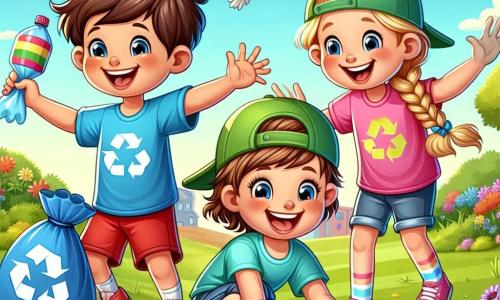 A 6-year-old boy named Sam, with messy brown hair and a big joyful smile, is wearing a bright blue t-shirt and red shorts. He is crouching, holding a colorful recycling bag, picking up a plastic bottle from the grass. Next to him, a 6-year-old girl, Mia, with braided blonde hair and a pink t-shirt, encourages him by raising her arms enthusiastically. A 6-year-old boy, Jake, with black hair and a green cap, is picking up a slightly crumpled old newspaper. In the background, the park is filled with lush trees, colorful flowers, and a bright blue sky, with birds flying. The scene shows the children actively smiling and determined, cleaning the park to make it more beautiful and cleaner.