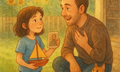 A 10-year-old girl with mid-length slightly curly brown hair, a round freckled face, wide-eyed and shy smile holds out a freshly painted small wooden boat and an old yellowed photo on a paved path; her father, about 40 with short chestnut hair and light beard, crouches to kiss her, hand on his heart, teary-eyed and smiling, while an orange cat named Biscuit watches from the doorstep; backyard with green grass, tall sunflowers, light wooden fence and a dusty workbench, bathed in golden morning light; tender, emotional exchange rendered in watercolor with soft washes, slightly blurred edges, a warm palette (yellow, brown, green, pale blue) and visible paper texture.