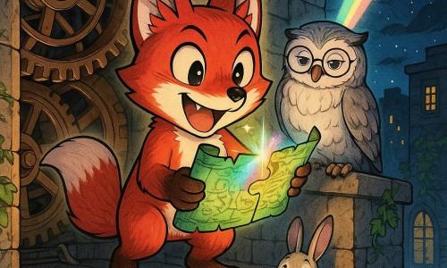 A shiny red anthropomorphic fox with pointed ears and mischievous eyes, determined and joyful, holds a glowing green parchment map between its paws while standing on the platform of an old clock tower; a wise pearl-gray owl with round glasses perches to the fox’s right, calm and watchful. Below on the cobbles a small group of city animals (a black cat, a jacketed rabbit, and a hedgehog) look up excitedly at a multicolored beam the map now projects into the night sky, golden sparks drifting around. Inside the tower: brass wheels, engraved gears and worn stone steps, moonlight through cracked stained glass and ivy climbing the outer wall. Mood: magical urban contrast of warm lanterns and cold moonlight. Style: soft manga lines, saturated harmonious colors, dramatic facial lighting, detailed textures of fur, wood and metal.