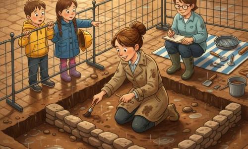 A female archaeologist with a smiling, focused face and brown hair in a bun, wearing a mud‑stained khaki coat and rubber boots, kneels in a muddy excavation gently brushing a row of old stones; a female assistant in her 30s with short hair and glasses crouches to the archaeologist’s right holding a notebook and pencil and annotating a plan; a boy of about nine in a yellow hood stands behind an orange barrier to the left, amazed, hands gripping the mesh, while a nine‑year‑old girl in a blue coat with braided hair stands beside him holding an oversized hard hat and prodding a stone with her finger; the scene is a cobbled town square after rain with orange barriers around a dark rectangle of earth, exposed medieval stones, reflective puddles and clean tools on a striped tarp, lit by soft evening light that emphasizes wet textures as the archaeologist uncovers an old stone chamber and the children watch in a calm, curious atmosphere painted in warm gouache tones with visible brushstrokes.
