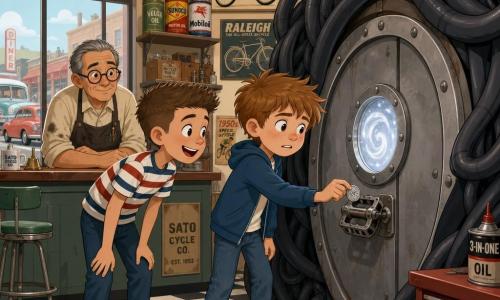 A 10-year-old boy, Milo, anxious but determined with a round freckled face and messy light-brown hair, presses a small silver coin against a metal pedal integrated into a round door; another boy about 10, Frankie, smiling and surprised with brown crew-cut hair, rolled jeans and a striped tee, stands to Milo’s left leaning forward in admiration; Mr. Sato, about 50, with graying hair, round glasses and a rolled-sleeve shirt stained with oil, watches calmly near the counter; the scene is set in a 1950s bicycle workshop with a black-and-white checkered floor, vintage bike posters, tires hanging from the ceiling, metal shelves with boxes and oil cans, and a window showing rounded retro cars; Milo inserts the coin into the pedal-notch of a hidden round metal door behind inner tubes, a silvery glow swirls in a small porthole filling the scene with a soft halo as Frankie and Mr. Sato watch, creating a mysterious yet warm atmosphere in bright pastel colors, clear lines and simple shapes.