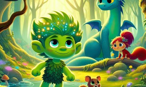 Un pequeño troll llamado Tilo, de color verde con ojos brillantes como luciérnagas, está en el centro de la escena, mostrando una expresión de determinación y alegría. Tiene el pelo desordenado y lleva una túnica de hojas. A su lado, su mejor amiga Lila, una ardilla de pelaje rojo, trepa por una rama, observando con curiosidad la escena. Al fondo, Zafiro, un dragón amistoso con escamas azul brillante y ojos chispeantes, se mantiene majestuoso, con las alas ligeramente desplegadas, listo para ayudarlos. El lugar es un claro encantado en el corazón del Bosque de los Susurros, rodeado de árboles de troncos gruesos y hojas brillantes, iluminado por rayos de sol que filtran a través del follaje. Flores coloridas y hongos luminosos salpican el suelo, añadiendo un toque de magia al entorno. La situación principal muestra a Tilo, Lila y Zafiro celebrando el descubrimiento de la flor mágica, la Estrella Dorada, que brilla con una luz dorada en el centro del claro, simbolizando la esperanza y la magia recuperada para salvar su bosque.