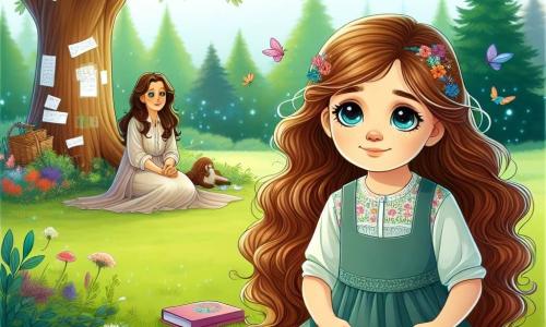Una bambina di 7 anni, Sofia, con lunghi capelli castani e occhi blu brillanti, è seduta sull'erba, con le ginocchia piegate contro il petto. Il suo viso esprime una dolce malinconia, con lacrime agli angoli degli occhi, ma un leggero sorriso si disegna sulle sue labbra, come se stesse ricordando momenti felici. Tiene in mano un quaderno colorato, pieno di disegni e storie. Accanto a lei, una donna di una trentina d'anni, la madre di Sofia, con capelli castani e uno sguardo rassicurante, si inginocchia per parlarle dolcemente. Indossa un vestito leggero e ha un'espressione piena di tenerezza, offrendo supporto alla figlia in questo momento difficile. Lo scenario si svolge in un parco verdeggiante, con un grande albero maestoso al centro, le sue fronde cariche di foglie verdi e fiori colorati. I raggi di sole filtrano attraverso il fogliame, creando un'atmosfera calda e pacifica. Messaggi scritti su pezzi di carta fluttuano dolcemente nel vento, appesi ai rami dell'albero, testimoniando un omaggio a un'amica scomparsa. La situazione principale mostra Sofia, circondata da ricordi, mentre scrive un messaggio d'amore su un pezzo di carta, pronta ad appenderlo all'albero in segno di celebrazione della loro amicizia eterna.