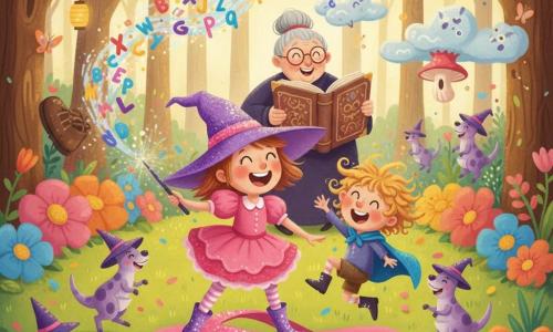 A joyful 4-year-old apprentice witch named Tilly in a too-large sparkly purple hat, pink ruffled dress and shiny boots waves a sparkling wand to make colorful letters swirl; beside her a bouncy 5-year-old boy wizard, Wiggles, with curly hair and a blue cape hops on a giant magical pink flip-flop; behind them Granny Wigglebottom, an elderly kind witch with round glasses and a gray bun, laughs while holding an open spellbook; several small purple polka-dot magician kangaroos with tiny wizard hats bounce and laugh around, some on the flip-flop, all in a sunny forest clearing with painted trees, a ring of giant multicolored flowers, hanging lanterns, glowing butterflies and grassy petals; the scene shows a "Silly Spelling Bee" with painted letters flying like garlands and silly objects (a big shoe, a dancing mushroom) appearing, everyone having fun; soft gouache style, visible textures, bright contrasting colors and round playful strokes suited for 4-year-olds.