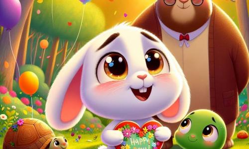 Un pequeño conejo blanco llamado Lucas, con grandes ojos brillantes y una sonrisa radiante, sostiene una tarjeta colorida en forma de corazón, expresando gran alegría y amor por su papá. A su lado, su mejor amiga, una tortuga verde llamada Tita, con un caparazón decorado de flores, sonríe dándole un golpe de pata amistoso, mostrando su apoyo y orgullo. Al fondo, el abuelo conejo, Ruperto, con pelaje marrón y gafas redondas, mira a su hijo con ojos emocionados, lleno de felicidad. La escena transcurre en un claro del Bosque Colorido, bañado de luz dorada, rodeado de árboles de hojas brillantes y flores multicolores que bailan suavemente al viento. Globos coloridos flotan en el aire, y un gran mantel está extendido sobre la hierba, lleno de frutas y deliciosos dulces. La situación principal muestra a Lucas y sus amigos celebrando el Día del Padre, rodeados de risas y alegría, listos para sorprender a Ruperto con una fiesta llena de amor y camaradería.
