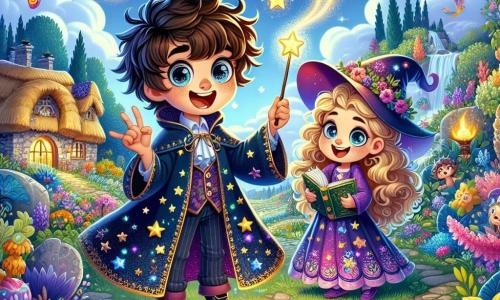 Tito, um jovem mago de cabelos desgrenhados e olhos brilhantes, está no centro, com uma expressão de surpresa e diversão. Ele usa uma robe de mago azul-escura decorada com estrelas douradas, segurando uma varinha mágica que brilha intensamente. Ao seu lado, Lila, uma jovem bruxa de cabelos longos e cacheados, cerca de 10 anos, sorri alegremente, vestida com uma robe roxa com padrões de flores mágicas, enquanto segura um livro de feitiços aberto. O cenário é um jardim encantado, cheio de plantas coloridas, flores falantes e borboletas luminosas. Ao fundo, há uma pequena casa de pedra com telhado de palha, cercada por árvores majestosas e um céu azul com nuvens fofas. A cena principal mostra Tito e Lila desenhando um círculo mágico no chão com um giz brilhante, enquanto um enorme balão colorido flutua acima deles, prestes a ser transformado em pedra. A atmosfera é cheia de magia e emoção, com brilhos e cores vivas que tornam a cena alegre e vibrante.