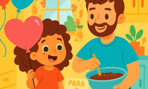 Uma menina de 4 anos, Lili, com cabelos cacheados e um grande sorriso, está em uma cozinha iluminada segurando um grande balão rosa em forma de coração. Seu rosto brilha de excitação e felicidade. Ao lado dela, seu pai, um homem na casa dos trinta anos com cabelos castanhos e uma barba leve, prepara um bolo em uma tigela grande, sorrindo orgulhosamente para a filha. A cozinha é colorida, com paredes amarelas, cortinas florais e uma mesa de madeira decorada com confetes coloridos. Lili e seu pai estão preparando uma surpresa para o Dia das Mães, cercados por balões flutuantes e guirlandas brilhantes, enquanto um doce aroma de bolo de chocolate preenche o ar.