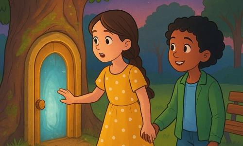Duas meninas descobrem e abrem uma porta dourada escondida entre as raízes de um velho carvalho num parque urbano ao crepúsculo: Sofia, cerca de 10 anos, cabelo castanho longo em trança, vestido amarelo com bolinhas brancas, à esquerda e com a mão na maçaneta; Ana, cerca de 9 anos, cabelo curto e encaracolado preto, jaqueta verde e jeans, à direita segurando a mão de Sofia e sorrindo curiosa; a porta entreaberta deixa escapar um túnel azul-prateado que vibra com uma luz suave, musgo nas raízes, relva com flores roxas, banco de madeira gasto à direita, atmosfera mágica com cores saturadas, sombras longas e expressão de espanto nos seus rostos.