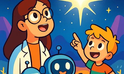 Uma cientista chamada Ana, com longos cabelos castanhos e óculos redondos, observa com admiração uma grande luz brilhante no céu estrelado. Seu rosto é iluminado pela curiosidade e excitação, e seus olhos brilham de aventura. Ao seu lado está Bibi, um pequeno robô de formas arredondadas, com olhos luminosos e um sorriso amigável, segurando uma ferramenta nas mãos metálicas, pronto para ajudar. Um pouco mais adiante, João, um garoto corajoso de cerca de 10 anos, com cabelos loiros bagunçados e uma camiseta colorida, aponta para a luz, seu rosto radiante de entusiasmo. A cena se passa em um novo planeta com paisagens fantásticas, montanhas coloridas, árvores com folhas cintilantes e um céu cheio de estrelas brilhantes. No centro da imagem, a luz misteriosa brilha intensamente, cercada por uma aura mágica. Ana, Bibi e João estão juntos, prontos para explorar essa luz fascinante que parece ser uma porta para um mundo desconhecido, cheio de promessas de aventuras extraordinárias.