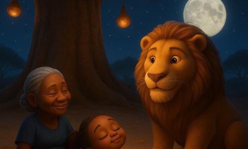 A young woman named Amina with a round smiling face and cocoa skin lies peacefully on a braided mat in a dreamlike clearing under a large textured baobab, hands on her belly, wearing a red-and-yellow wax dress; an elderly grandmother with a gentle wrinkled face and gray hair in a bun sits beside her in a dark blue wrap, smiling calmly and holding a small calabash; a friendly, slightly stylized golden lion with honey-colored eyes sits near Amina like a protective guardian; the sandy ground is scattered with dry leaves, calabash lanterns hang from the branches, and a deep night sky with a large moon and twinkling stars bathes the scene in warm, soft light.