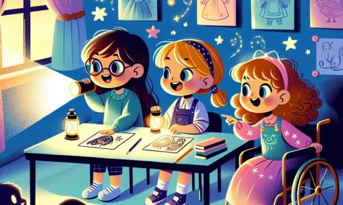 Em uma sala de aula escura, três meninas estão reunidas em torno de uma mesa. Ana, uma menina de 8 anos com cabelos castanhos e óculos, sorri corajosamente enquanto segura uma lanterna que ilumina sombras na sala. À sua direita, Lúcia, uma menina de 9 anos com cabelos loiros e uma cadeira de rodas colorida, aponta para uma sombra fascinante na parede, com os olhos brilhando de admiração. À esquerda, Sofia, uma menina de 7 anos com cabelos cacheados e um vestido rosa, observa curiosamente, segurando um desenho luminoso que encontrou na sala. A sala é escura, com paredes pintadas de azul claro e decorações de estrelas cintilantes. Desenhos de crianças estão pendurados nas paredes, e sombras dançam ao redor delas, criando uma atmosfera misteriosa e mágica. As meninas exploram o medo do escuro brincando com suas lanternas, descobrindo objetos brilhantes e se divertindo ao criar sombras engraçadas nas paredes. Seus risos ecoam na sala, transformando o medo em uma aventura alegre e cheia de descobertas.