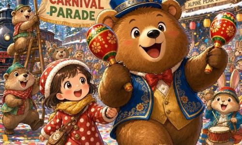 A round, cuddly anthropomorphic brown bear with glossy fur wearing a small blue carnival hat with a ribbon, joyful and proud, shakes two red-and-gold painted gourd maracas in the foreground; to its left a smiling young girl in a polka-dot coat with rosy cheeks holds the bear's paw and watches the maracas; two busy, enthusiastic marmot organizers run behind the bear adjusting a colorful banner reading MOUNTAIN CARNIVAL PARADE; in the snowy mountain background a village with an old wooden station, multicolored lanterns, snow-covered pines and floating confetti is lit by warm lantern light; overall a lively parade scene with the bear leading the rhythm, dancing crowd, vivid colors, visible fabric textures, movement and warm lighting.